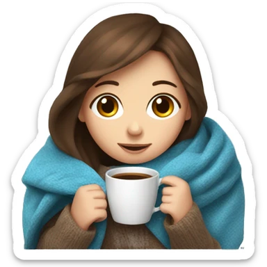 Brown hair blue eye Girl drinking coffee, with a cozy blanket sticker