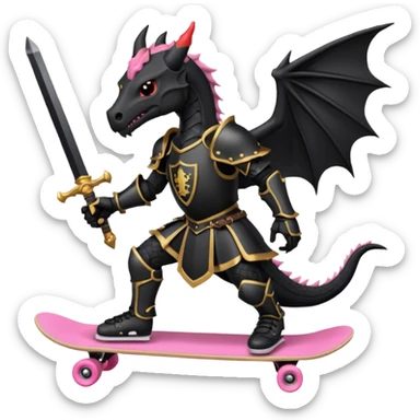 zwarte ridder met een zwarte zwaart en een zwarte schild met een zwarte draak op en hij skate met een roze skatebord sticker