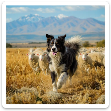 Border Collie in Argentinian countryside, photorealistic, herding sheep, vivid landscape sticker