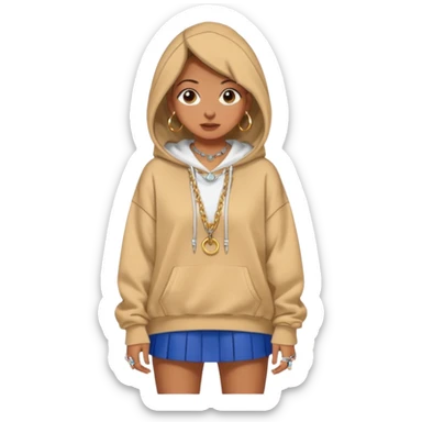 think oversized hoodie over a mini skirt, chunky sneakers grounding the look, and maybe a few layered necklaces or rings to flex a little personality. Sometimes she goes edgy with a leather jacket and ripped jeans, other times soft with flowy dresses or pastel cardigans. sticker