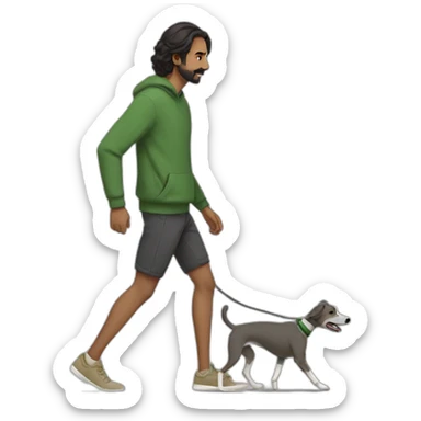 an indian man wearing a green sweatshirt, beige shoes, long hair, no beard, black shorts, walking, side profile, one hand raised slightly below waist level walking a whippet sticker