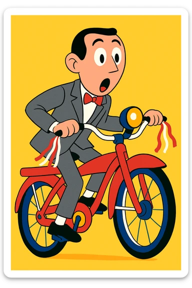 Pee-wee Herman on a red bicycle, surprised face, streamers on handlebars, vibrant toon style sticker