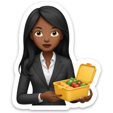 dark long haired woman with suit holding food container sticker