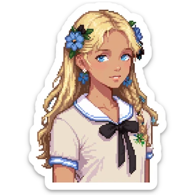preppy coastal teen girl with blue eyes, beach blonde hair, tan skin, small flowers in her ear, preppy beach outfit sticker