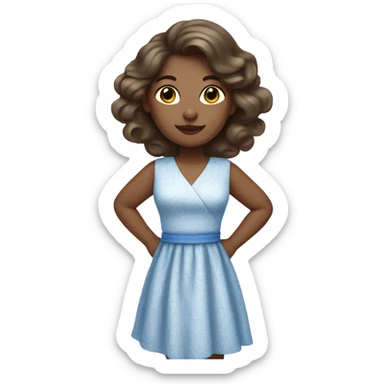 Woman with curled brunette hair, hazel eyes, ivory skin, wearing a blue summer dress   sticker