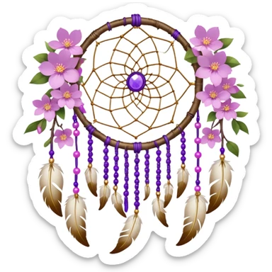 A white-birch-Dreamcatcher. with purple-round-orbs, gold-rings hanging down. purple flowers, pink sakura flowers, sticker