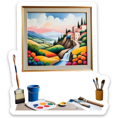 Create an icon that represents the wall painting, featuring a wall with a beautiful painting in progress. The design should include part of the wall decorated with colorful patterns or a mural, a paintbrush and a roller . The icon should show the process of creating the artwork, with the brush strokes visible on the wall, symbolizing the artistic nature of the craft. The composition should be balanced and harmonious, evoking creativity and skill. The background should be transparent. sticker