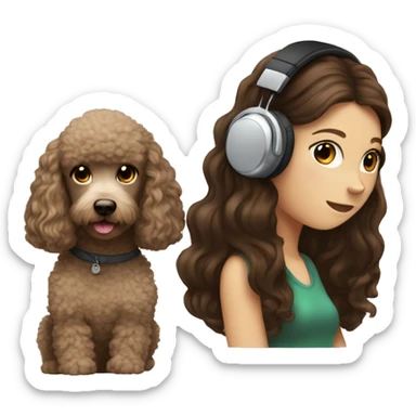 White girl, dark long hair in headphones with brown poodle sticker
