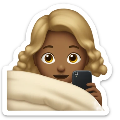 girl on her phone in a bed with a beige comforter  sticker