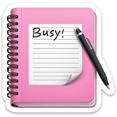 open pink book and note pen add on it the word BUSY sticker