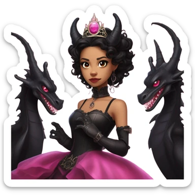 standing flirty Lavish black evening gown with see-through gloves, Jenna Ortega as Addams woman wearing a steampunk mini tiara, very large blood pink evil-looking horned old dragon sticker