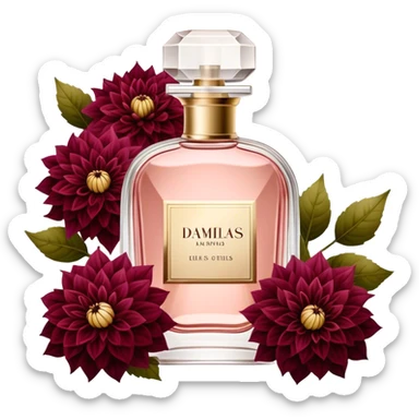 A luxurious glass perfume bottle in Soft Blush with a delicate vintage design, surrounded by a rich arrangement of Scarlet and Burgundy Dahlias, reflecting the beauty of deep red hues. sticker