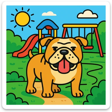 Add a playful background, such as a park or colorful playground, to the standing English bulldog icon in color outline style. sticker