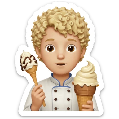 boy blonde curly hair, chef, eating big chocolate ice cream sticker