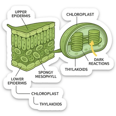A highly scientific, detailed cross-section of a leaf showing chloroplasts, thylakoids, and the light and dark reactions, with scientific labels, no background, transparent background sticker