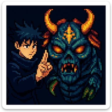 Add Megumi Fushiguro in a summoning pose next to Mahoraga in a pixel art style with a retro video game look, both characters visible. sticker