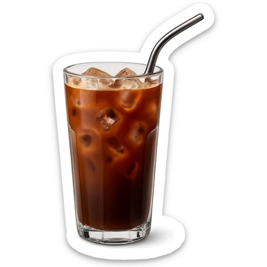 a glass of iced coffee with a metal straw sticker