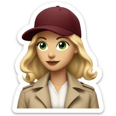 Blonde girl with green eyes in beige trench coat and burgundy baseball cap written Paris on it  sticker