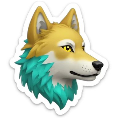 Wolf head with a yellow star paint on his right eye and a turquoise mullet sticker