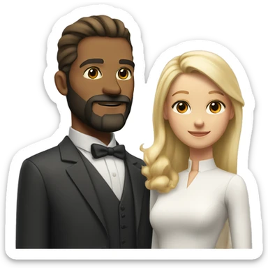 A tall man with a beard and slicked back flowy hair next to a short pretty blonde girl  sticker