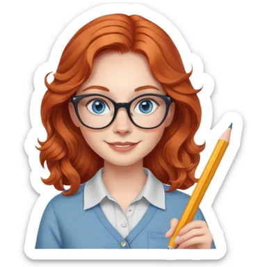 redheaded woman with long wavy hair, blue eyes, cat-eye glasses, casual outfit, holding a pencil, smiling sticker