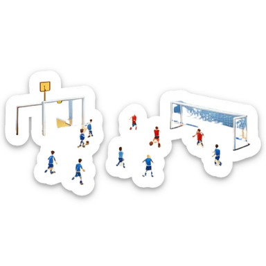 A mini-football match in an indoor sports hall with wooden flooring and clear field markings. The scene shows a vibrant game in action, with players positioned on the court, the goalposts visible, and the atmosphere filled with energy and focus. sticker