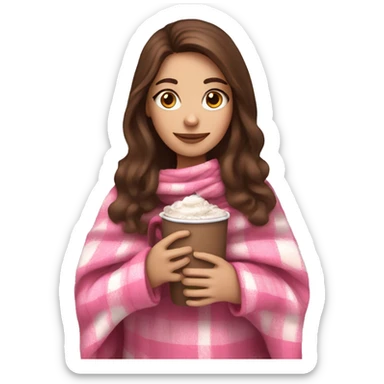 Brown haired girl in a pink checkered blanket holding a hot chocolate  sticker