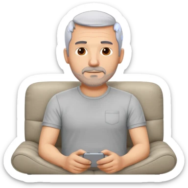 a 50 year man, short grey hair, stubble beard, laying on a ottoman of a light grey cord sofa, front view sticker
