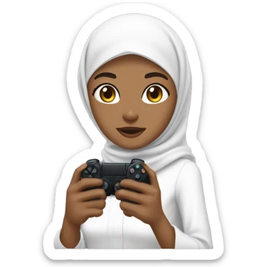 a dark olive skinned woman wearing hijab with white hijab and white long formal clothes. with black eye and big eye small nose small mouth with a bit long chin . with her nephew and niece . holding a controller playstation. sticker