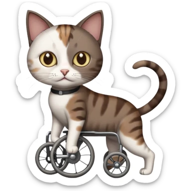 full body small short hair dark brown and white cat with hazel eyes walking in a wheelchair for cats sticker