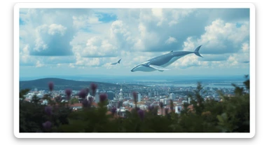 A cinemaatic still of a city, blurred plants in the foreground, giant whales fly above city sky, rolling hills in the background, cinematic depth of field, layered composition, colorfull, blue sky sticker