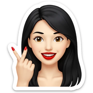 Haz una imagen de una mujer con cabello negro largo , con una sonrisa en su cara y la punta de su dedo indice mordido entre sus dientes sticker