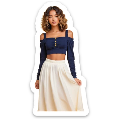 tan girl with wavy hair, white long skirt, navy blue ruched square neck crop top sticker