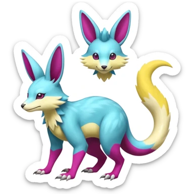 realistic Shiny smooth silky soft Cyan-Yellowish-Magenta Minccino-Zeraora-Emolga-Vernid-Sergal-fusion-hybrid-animal-creature, full body sticker