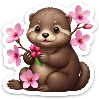 cute otter holding a cherry blossom flower sticker