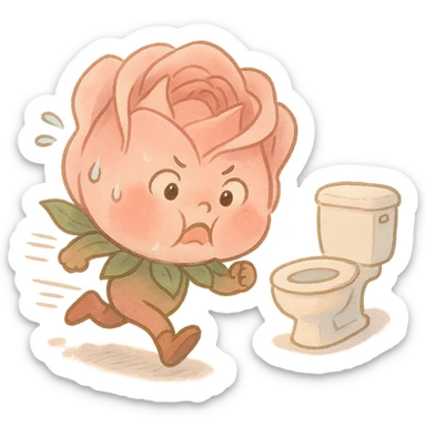 soft pink rose flower with puffed cheeks making a panicked toilet run, eyes bulging, legs dashing, pastel tones, chibi round shape, soft Ghibli style sticker