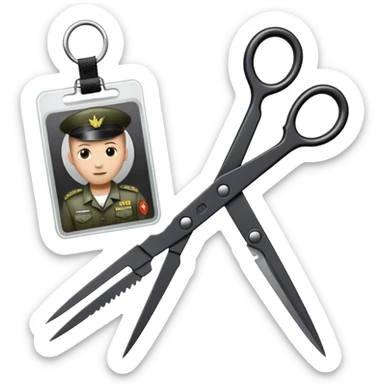 Floating black Scissors cutting an idf soldier ID card in 2 parts .hyper realistic sticker