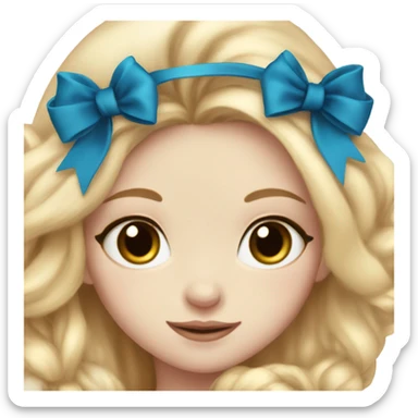pale blonde girl with long rosy blonde hair with blue eyes and wearing a black bow holding a calico kitten also wearing a bow sticker