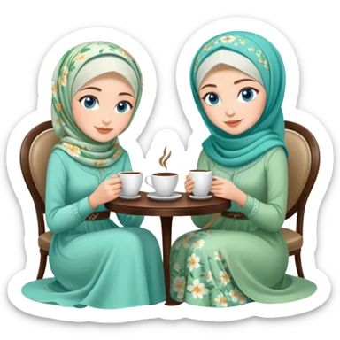Turkish beautiful finish Konya girls blue eyes with Beautiful light green floral hijab long tail dress and the two friends in a white lovely coffeehouse sits on the chair on the ground and holds cup coffe with her hand  sticker