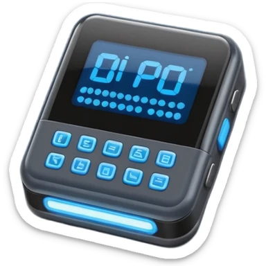 dark gray pager with digital display glowing blue, showing BIP in pixel-style text, rounded edges, few buttons, clean flat iOS emoji style, soft shadows and highlights sticker