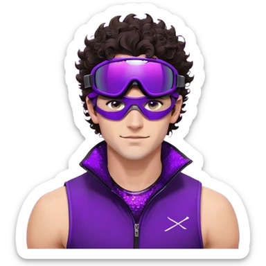 close-up of cool guy male athlete with white skin and moderately curly dark brown hair on top with shaved sides, with one purple ski goggle lens pushed up above his eyes on his forehead, with an arrogant smug smirk on his face, wearing only a plain black chain necklace around his neck, and a completely unzipped sleeveless vest with purple and black sequin fire pattern design with no logo, clearly showing he is shirtless underneath with exposed chest and abs sticker