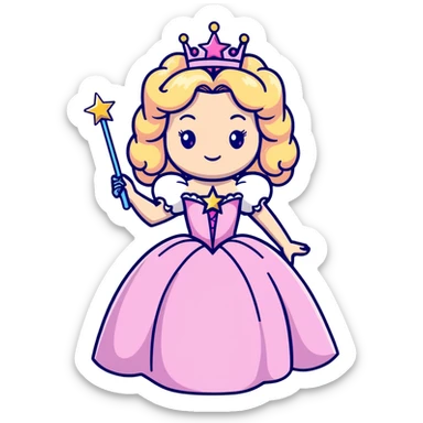Glinda the Good Witch with long blonde curly hair, sparkling tiara, puffy pink ballgown, and magic wand with star sticker