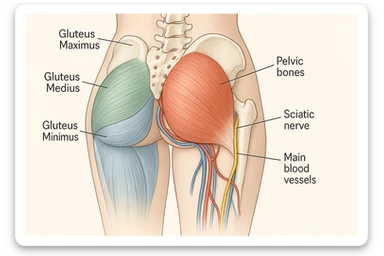 Anatomical view of the female gluteus with highlighted muscles, pelvic bones, sciatic nerve, and main blood vessels, inspired by the reference photo. Medical style with a neutral background. sticker