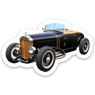 Batgirl’s black Bare bones (lowered cowl) drag racing modified (fenders removed) chopped streamlined sporty roadster that is a (stripped down) hot street rodded engine sports car 1932 Rolls Royce Woody futuristic  wide racing wheels that are held strong by advanced suspension and steering sticker