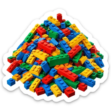 A photorealistic icon featuring a pile of colorful LEGO bricks scattered together in a messy heap. The design includes bright, detailed textures of the individual bricks, capturing the playful and creative essence of LEGO building. Transparent background, symbolizing LEGO construction. sticker