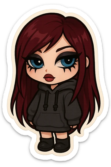 bratz-inspired emo girl, burgundy long hair, pale skin, blue eyes, dramatic eyeliner, oversized hoodie, chibi sticker style sticker