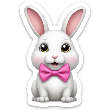 Cute little rabbit with a big belly and a pink bow tie on his neck and on his ears sticker