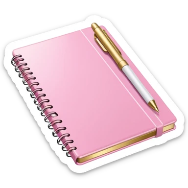 Notebook, gold and pink and white. angled view. with pen sticker