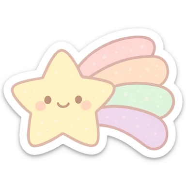 kawaii yellow shooting star, smiling face, soft pastel colors, pastel trail, no arms or legs, full body, soft pastel kawaii style, transparent background sticker