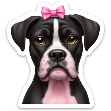 black boxer dog face with some black and pink features, with a pink bow on her head that has long ribbons sticker